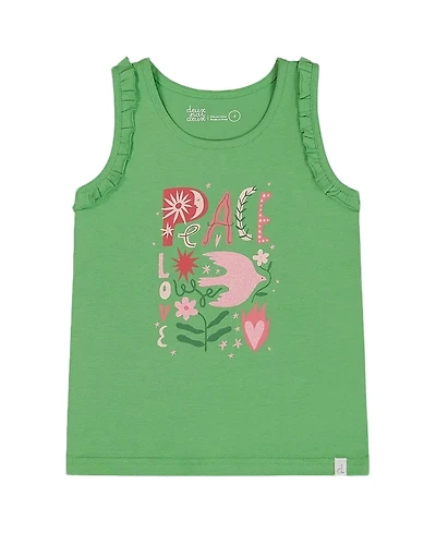 Deux par Girls' Organic Cotton Tank with Frills Flowers on Background - Little Kid