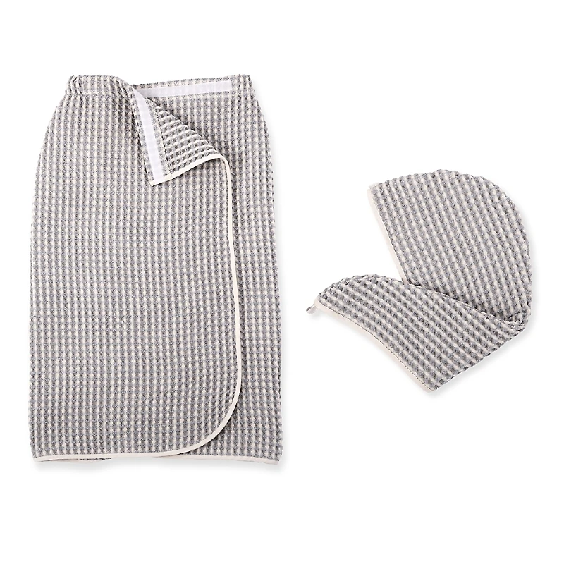 Dkny Pure Yarn Dyed Waffle Cotton Body Wrap and Hair Wrap 2-Piece Set