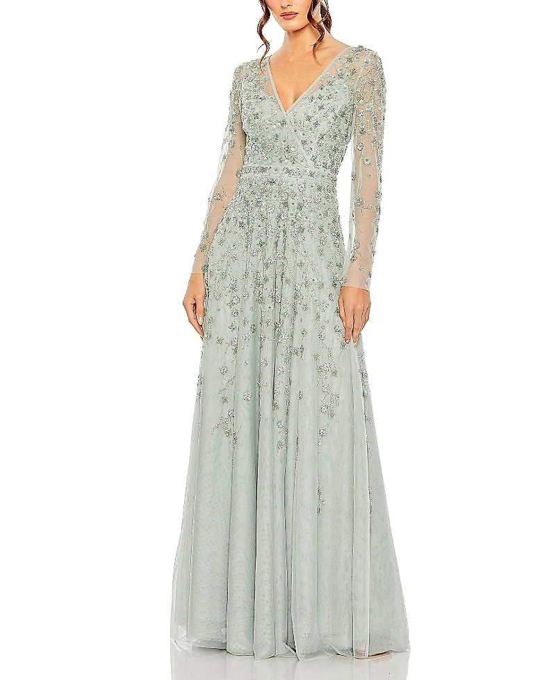 Mac Duggal Embellished Wrap Over Illusion Long Sleeve A Line