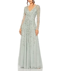 Mac Duggal Embellished Wrap Over Illusion Long Sleeve A Line