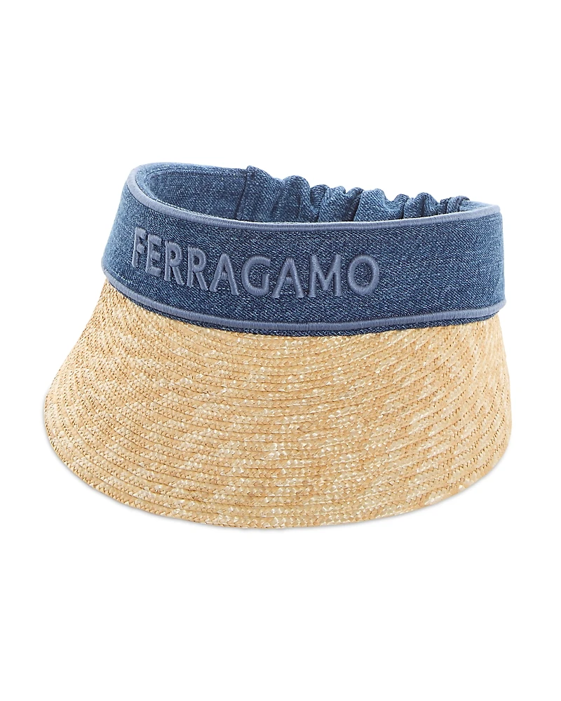Ferragamo Denim & Raffia Logo Visor