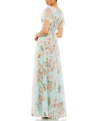 Embellished Floral Gown with Mesh Flutter Sleeves and Beaded Waist