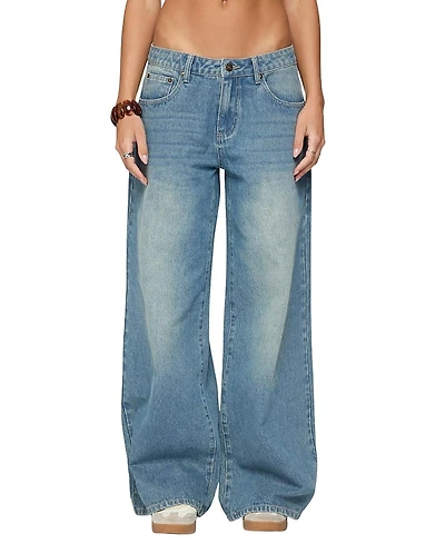 Edikted Graphic Vintage Washed Low Rise Light Rinse Wash Jeans