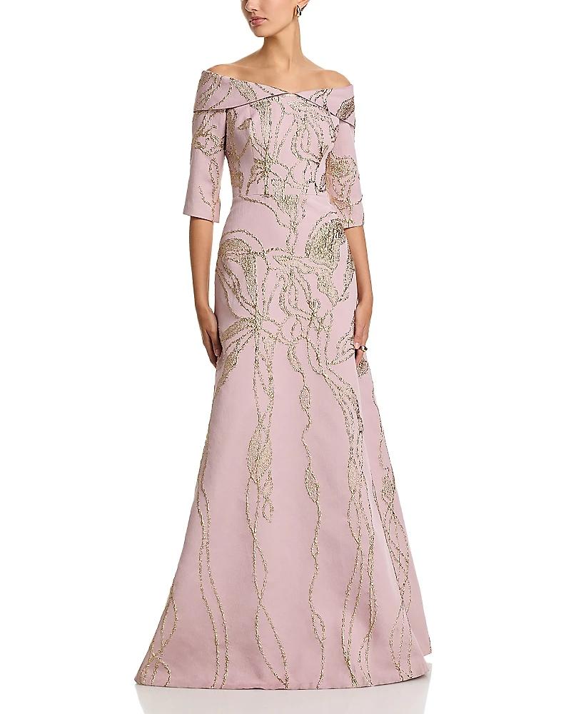Teri Jon by Rickie Freeman Jacquard Folded Off-the-Shoulder Elbow Sleeve Gown