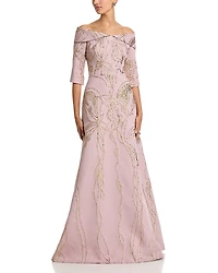 Teri Jon by Rickie Freeman Jacquard Folded Off-the-Shoulder Elbow Sleeve Gown