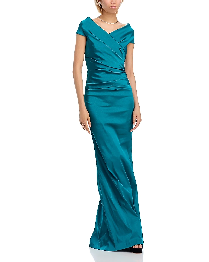 Teri Jon by Rickie Freeman Off-the-Shoulder Ruched Satin Gown
