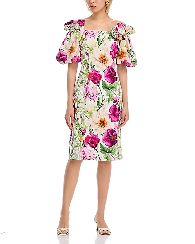 Teri Jon by Rickie Freeman Off-the-Shoulder Cotton Floral Balloon Sleeve Dress