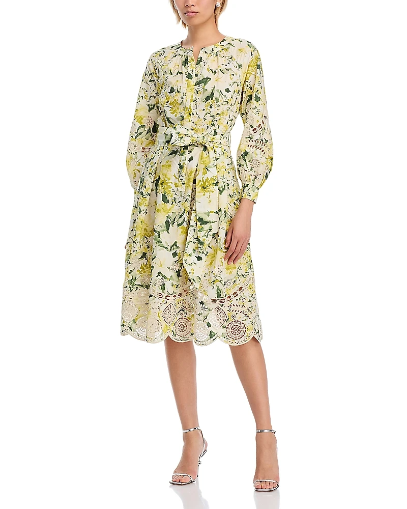 Teri Jon by Rickie Freeman Cotton Print Eyelet Trim Dress