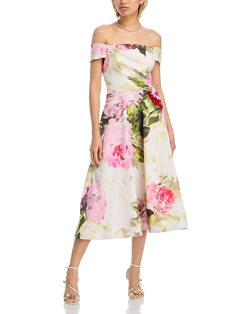Teri Jon by Rickie Freeman Off-the-Shoulder Cotton Dress with Beaded Flower Waist