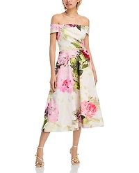 Teri Jon by Rickie Freeman Off-the-Shoulder Cotton Dress with Beaded Flower Waist
