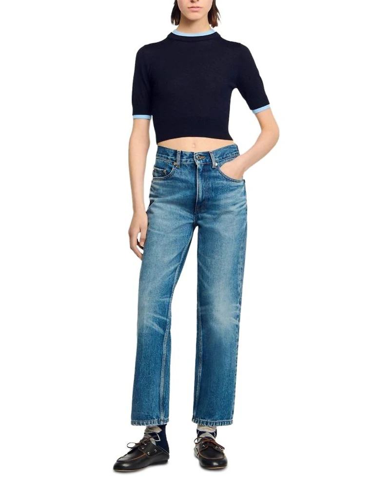 Two Tone Cropped Short Sleeve Sweater