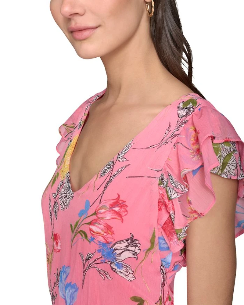 Floral High Low Flutter Sleeve Dress