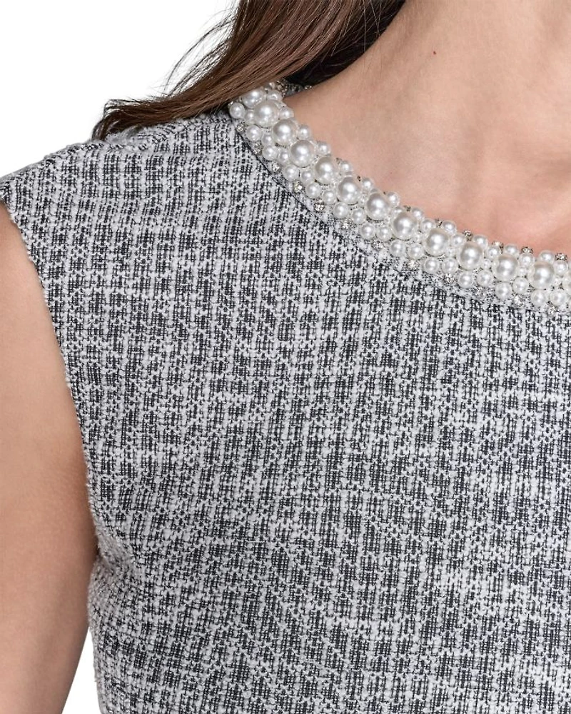 Stretch Tweed Pearl Neck Mini Dress