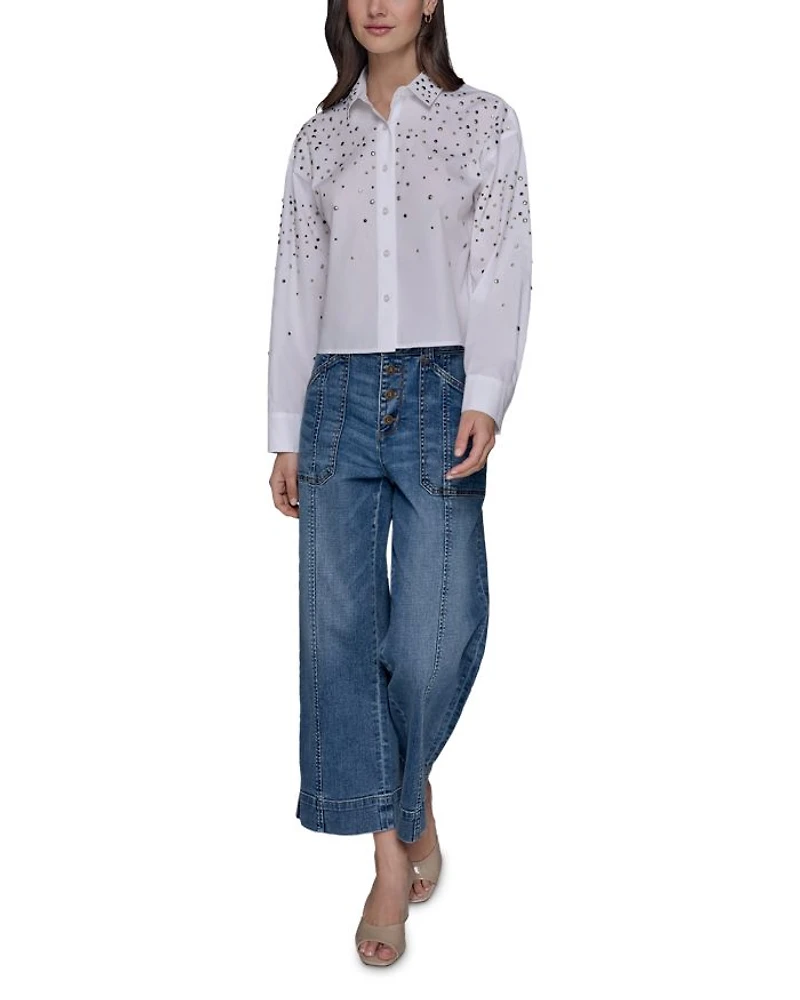 Embellished Cropped Button Down Shirt