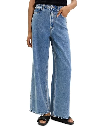 High Waisted Wide Leg Jeans Ice Blue Cotton-Blend