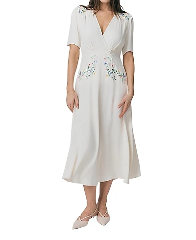 Ghost London Maeve Embroidered Crepe Midi Tea Dress