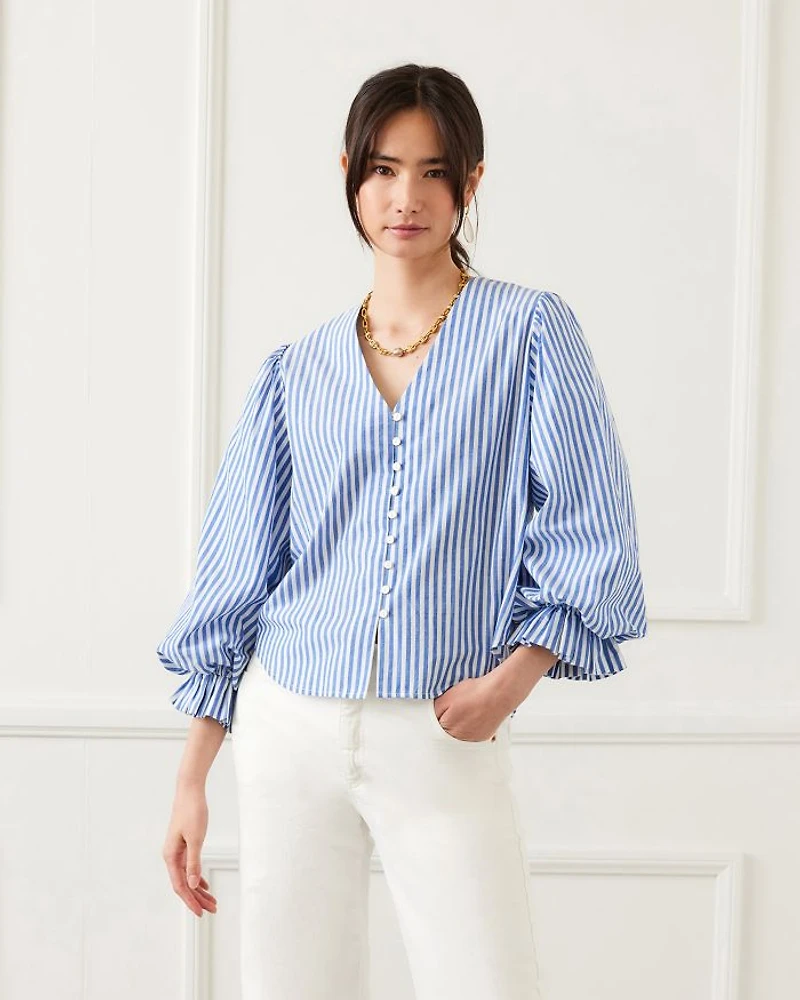 Stripe Layered Sleeve Shirred Blouse