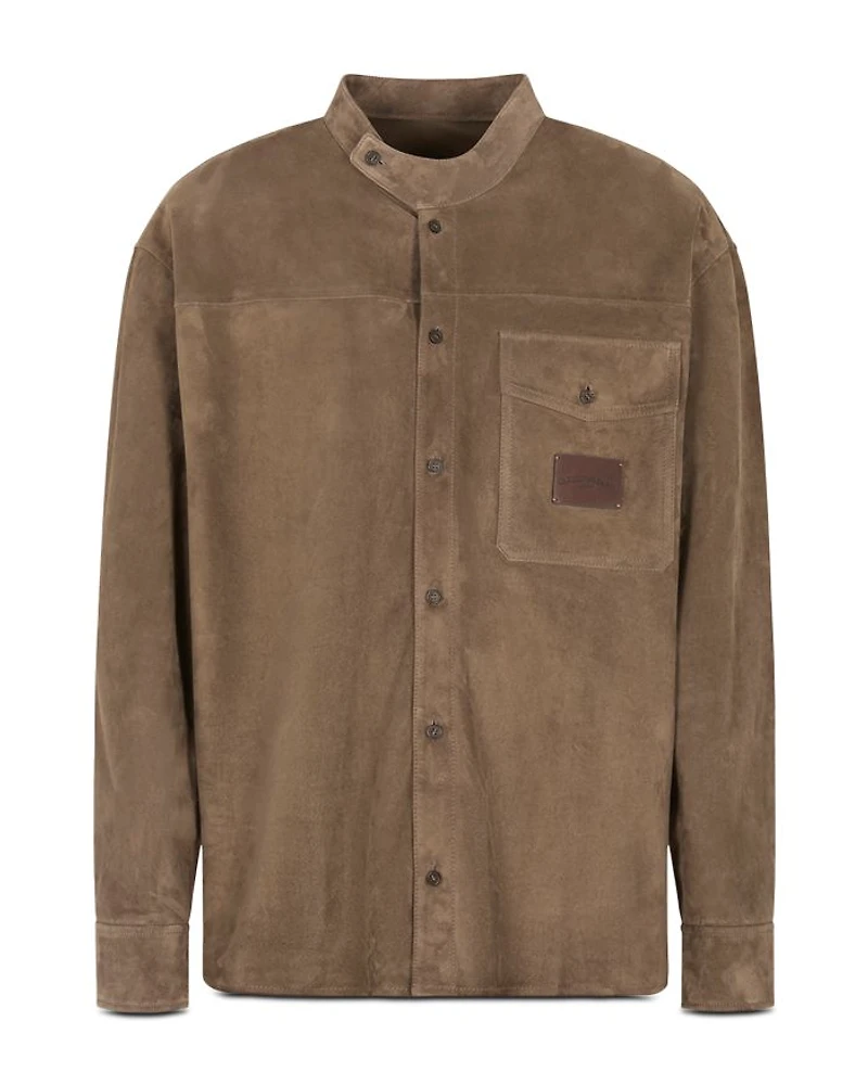 Asymmetric Mandarin Collar Regular Fit Leather Shirt