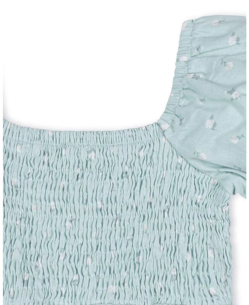 Hope & Henry Girls' Linen Smocked Short Bubble Sleeve Dress - Little Kid, Big Kid