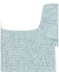 Hope & Henry Girls' Linen Smocked Short Bubble Sleeve Dress - Little Kid, Big Kid