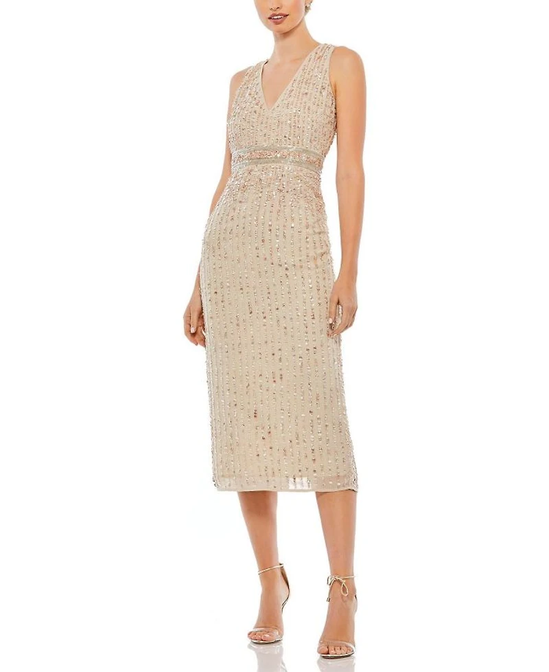 Sequined Sleeveless V-Neck Midi Sheath Dress