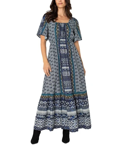Printed Square Neck Elbow Sleeve Maxi Dress