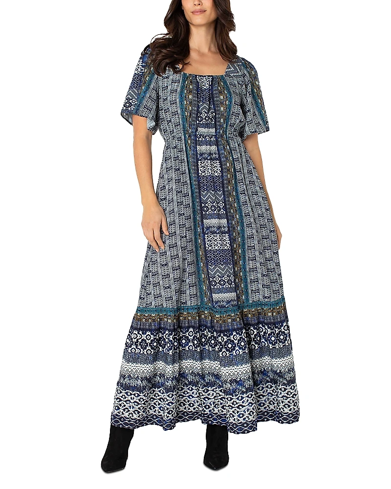 Liverpool Los Angeles Printed Square Neck Elbow Sleeve Maxi Dress