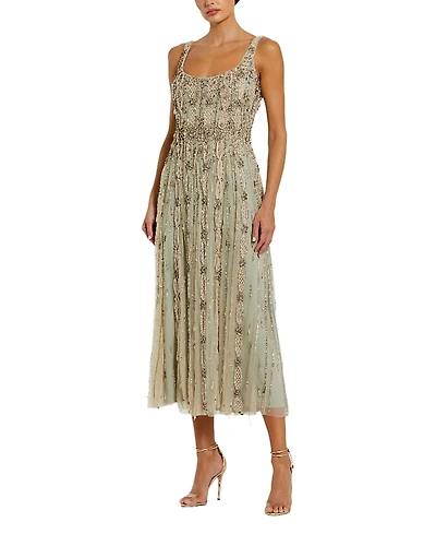 Mac Duggal Embellished Mesh Sleeveless Scoop Neck Midi Dress