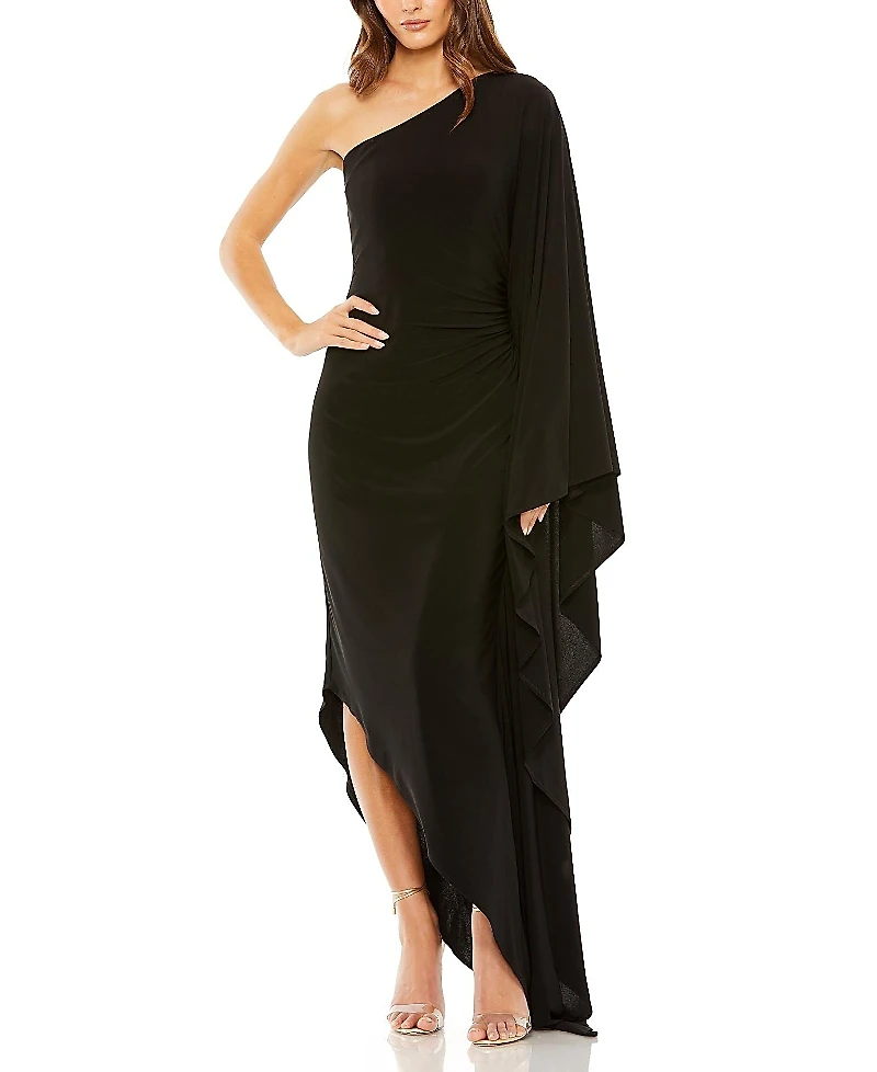 Mac Duggal One Shoulder Cape Sleeve Ruched Detail Jersey Gown