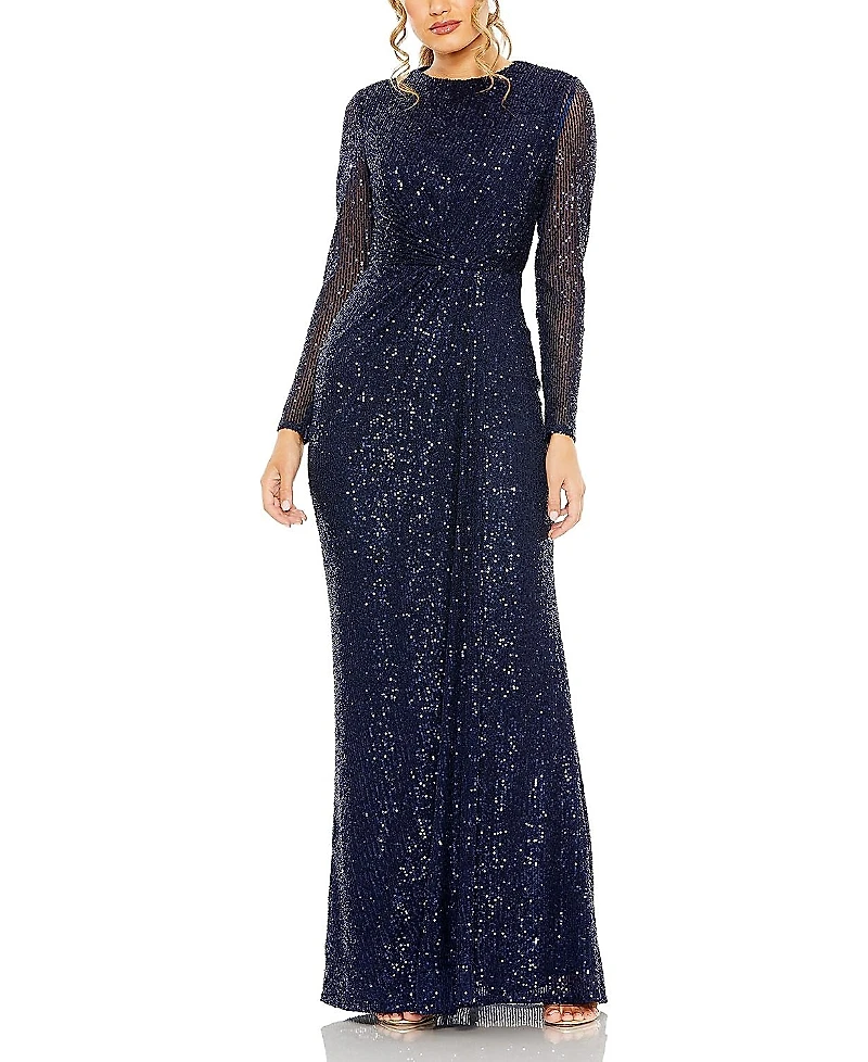 Mac Duggal Sequined Long Sleeve Side Knot Gown