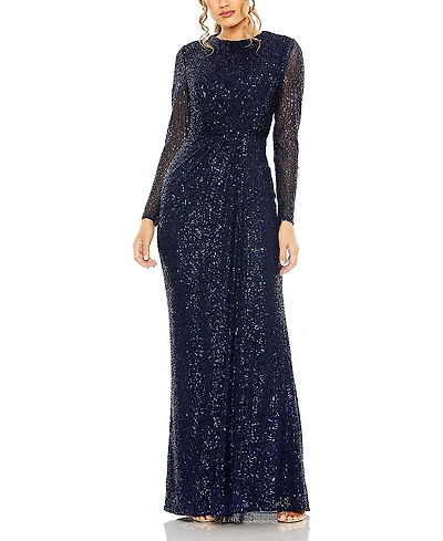 Mac Duggal Sequined Long Sleeve Side Knot Gown
