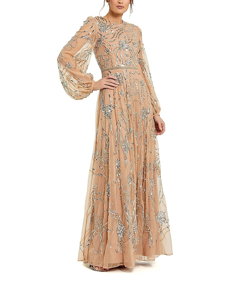 Mac Duggal Embellished High Neck Puff Sleeve Gown