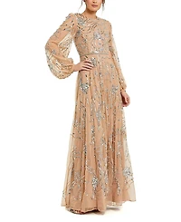 Mac Duggal Embellished High Neck Puff Sleeve Gown