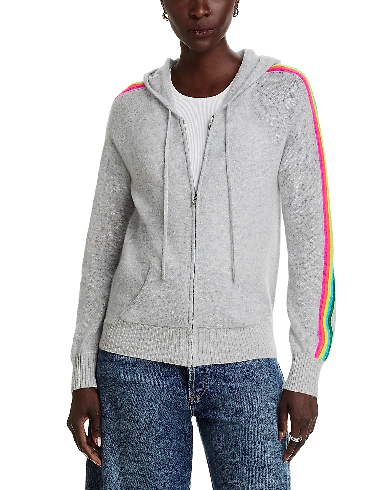 Aqua 100% Cashmere Rainbow Athletic Stripe Zip Hoodie - Exclusive