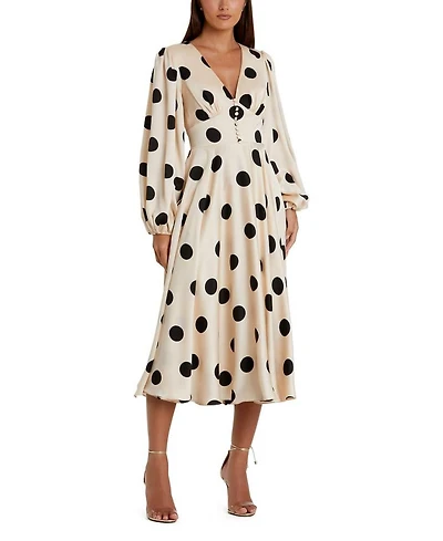 Polka Dot Charmeuse Long Sleeve V Neck Midi Dress