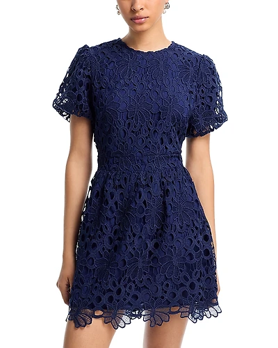 Aqua Puff Sleeve Mini Lace Dress - Exclusive
