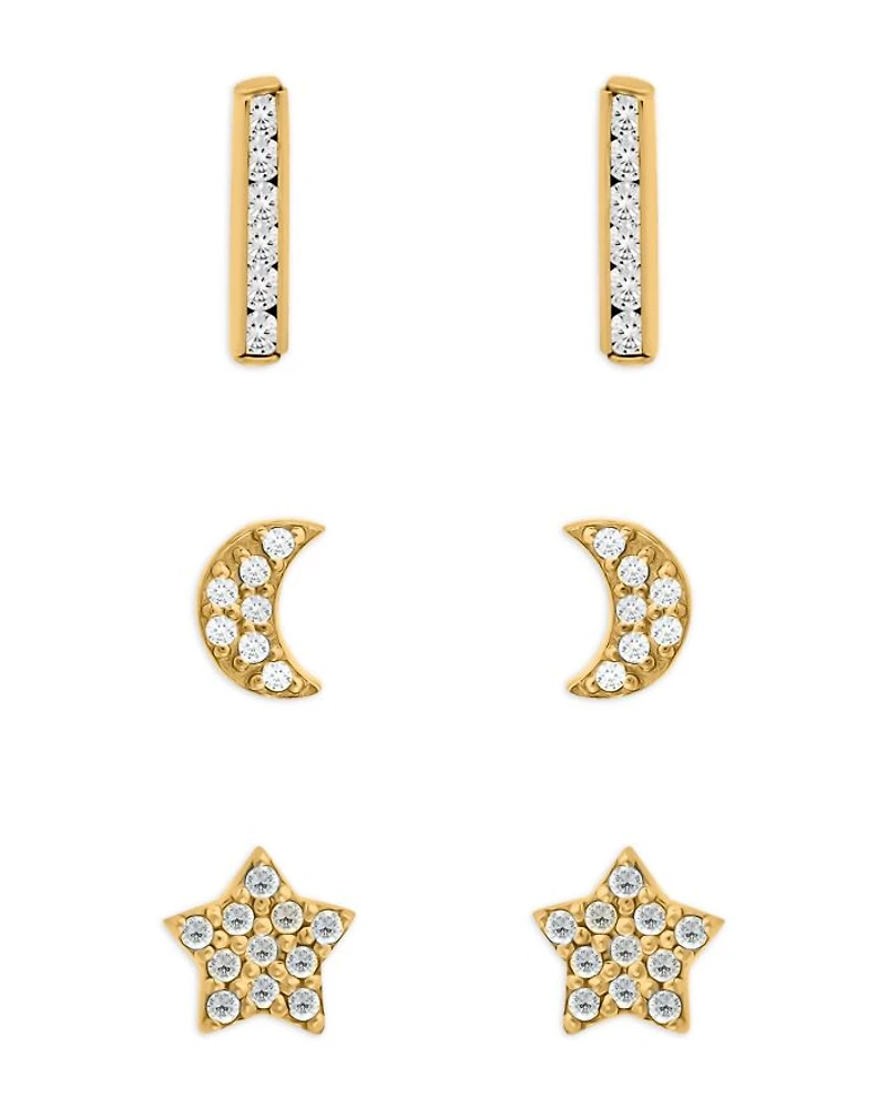 Cubic Zirconia Celestial Stud Earrings, Set of 3