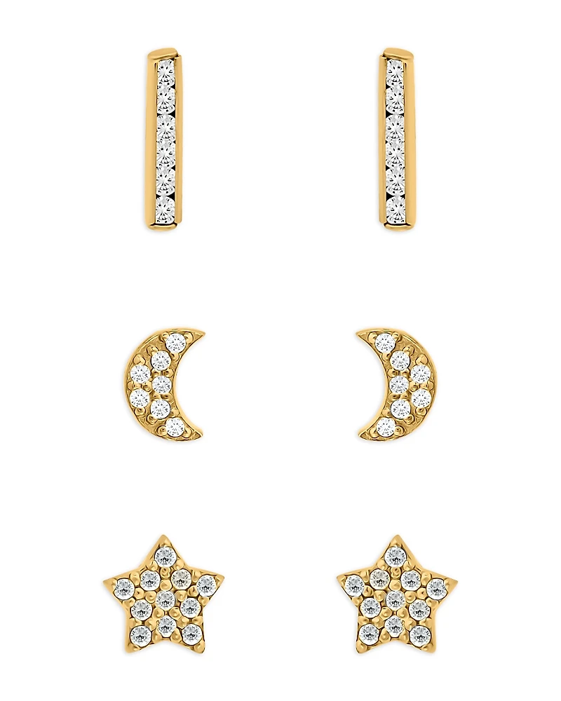 Aqua 18K Gold-Plated Sterling Silver Cubic Zirconia Celestial Stud Earrings, Set of 3 - Exclusive
