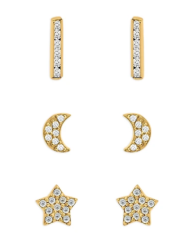 Aqua 18K Gold-Plated Sterling Silver Cubic Zirconia Celestial Stud Earrings, Set of 3 - Exclusive