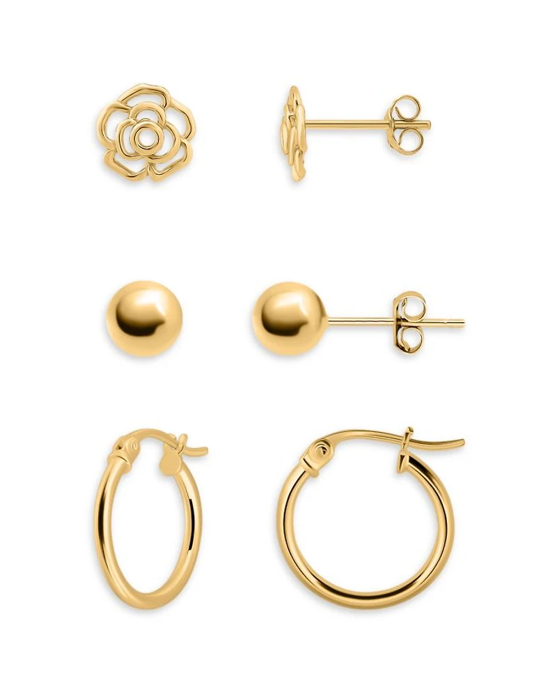 Flower, Sphere & Hoop Earrings, Set of 3 - Exclusive