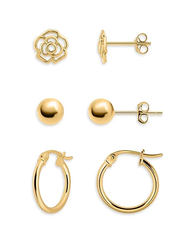 Aqua 18K Gold Over Sterling Silver Flower, Sphere & Hoop Earrings, Set of 3 - Exclusive