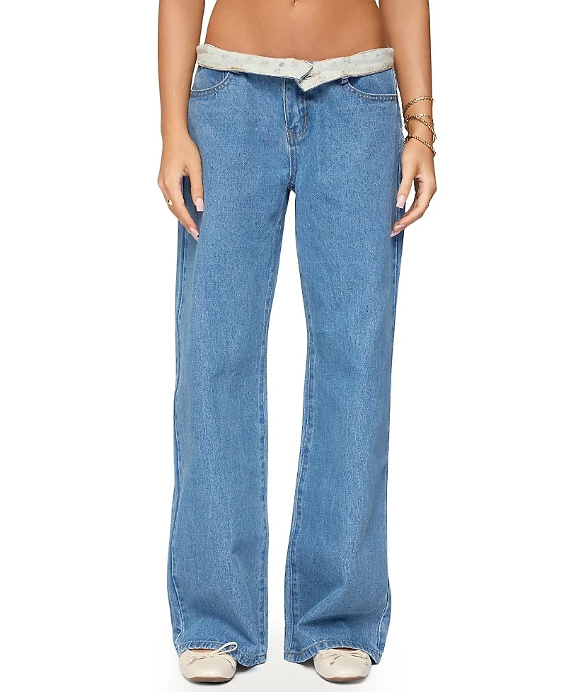 Edikted Floral Foldover Low Rise Medium Rinse Wash Jeans