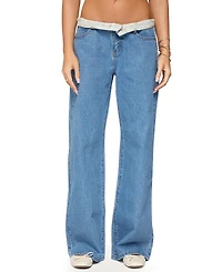 Edikted Floral Foldover Low Rise Medium Rinse Wash Jeans