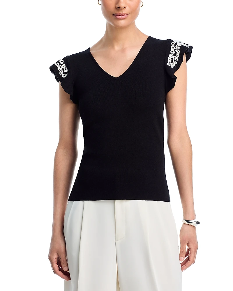 T Tahari V Neck Flutter Sleeve Sweater