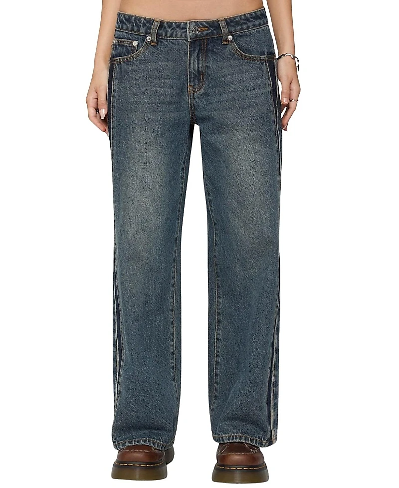 Edikted Petite Contrast Panel Low Rise Dark Rinse Wash Jeans