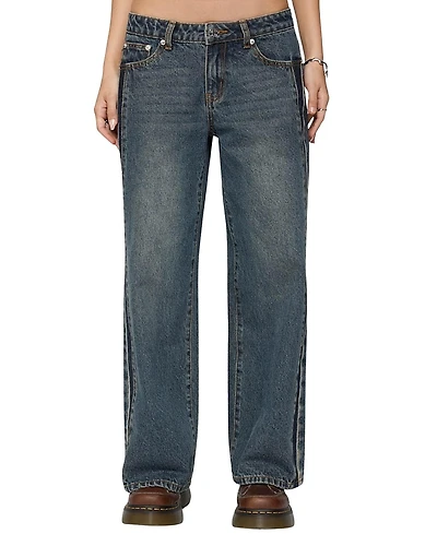 Edikted Petite Contrast Panel Low Rise Dark Rinse Wash Jeans