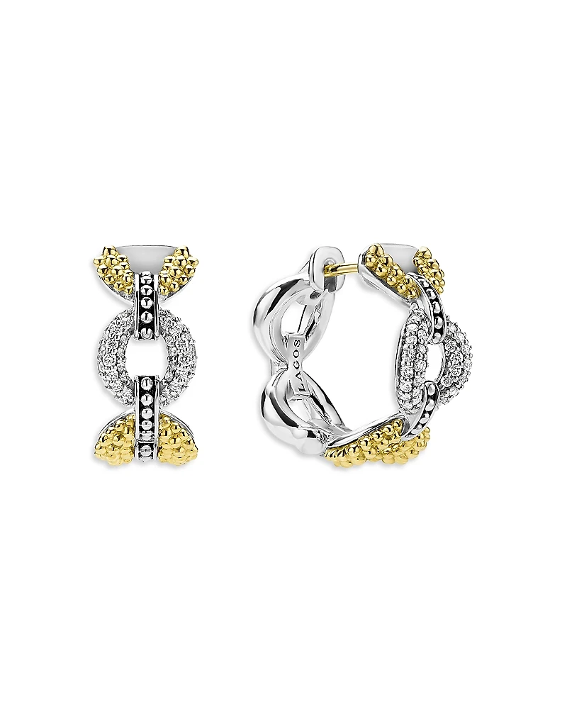 Lagos 18K Yellow Gold & Sterling Silver Caviar Lux Diamond Link Hoop Earrings