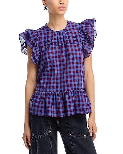 Aqua Flutter Sleeve Plaid Top - Exclusive