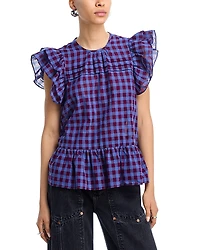 Aqua Flutter Sleeve Plaid Top - Exclusive