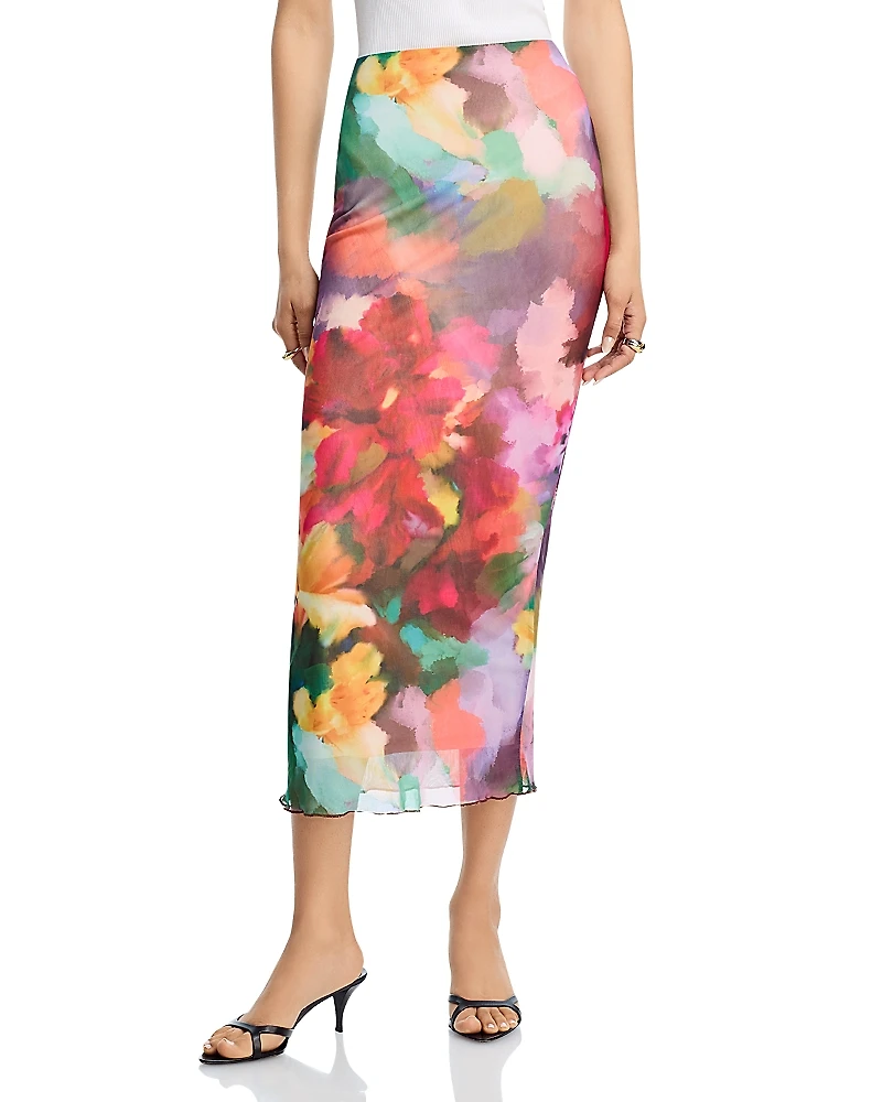 Aqua Floral Mesh Midi Skirt - Exclusive
